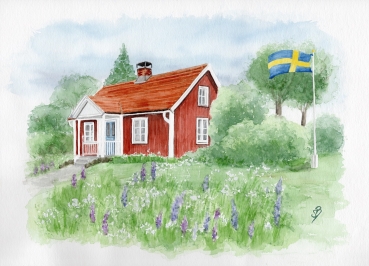 Poster DIN-A4 Aquarell Kunst Druck Kunstdruck Schweden Sweden Sverige Schären Haus Inseln See